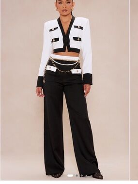 Cropped Two-Tone Blazer & Wide-Leg Pants Set - Black & White size small